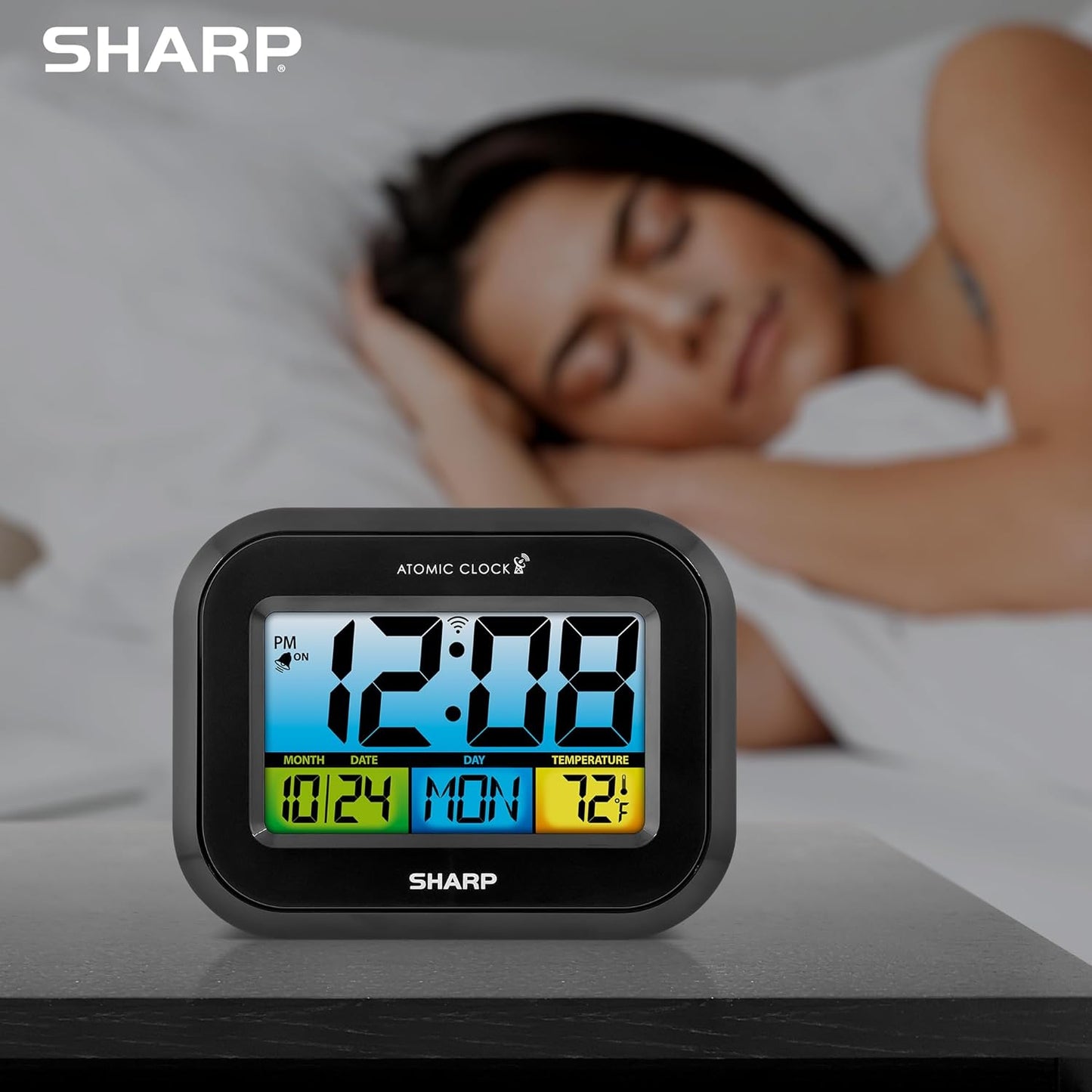 Atomic Digital Alarm Clock, Battery Operated Self-Setting Digital Wall or Desk Clock, Easy to Read Color Display Nightlight with Indoor Temperature and Calendar