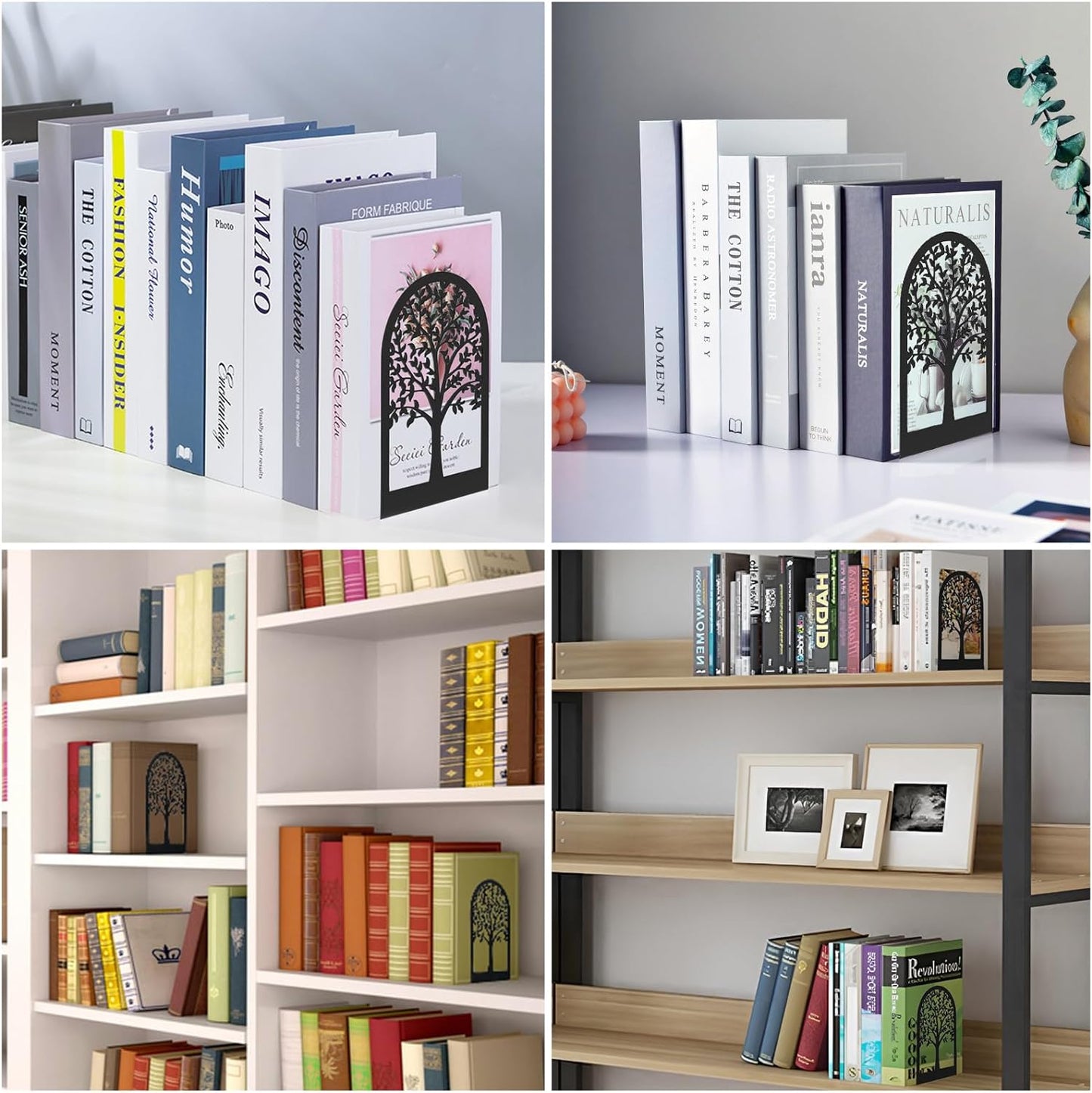 Book Ends, Bookends, Tree Book Ends for Shelves, Modern Book Ends Decorative, Metal Bookends for Heavy Books, Heavy Duty Bookend Book Holder for Home Office, 7.1 X 4.7 X 3.5”(2 Pairs/4 Pcs, Large)