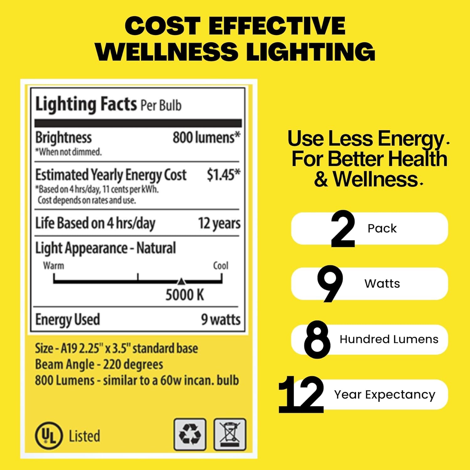 EVERYDAY SUN Light Bulb - Full Spectrum Wellness Lighting with Sun-Mimicking Technology for Energy, Mood & Performance. Supports Sleep/Wake Cycles, 5000K, 9W, 2-Pack, US Based, Budget-Priced