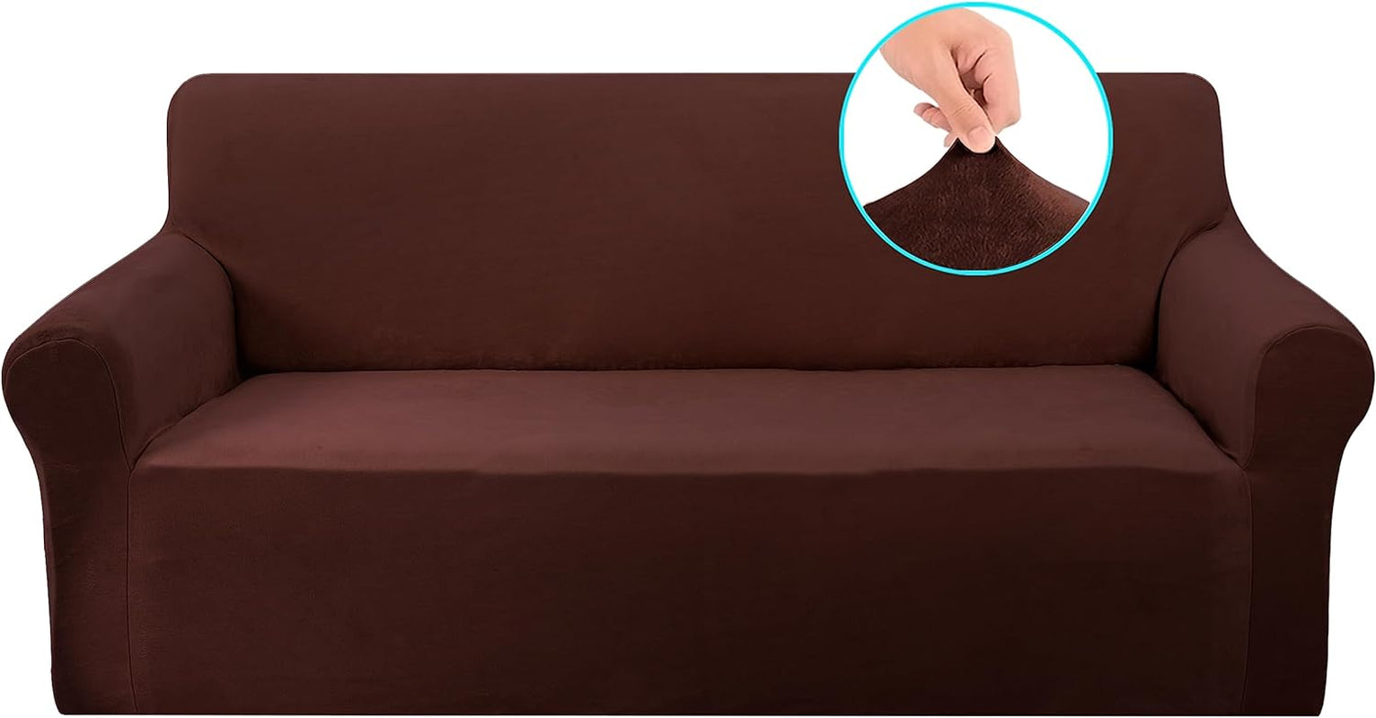 Velvet Sofa Covers Stretch Couch Covers for 3 Cushion Couch Furniture Protector Sofa Slipcover (Large, Chocolate)