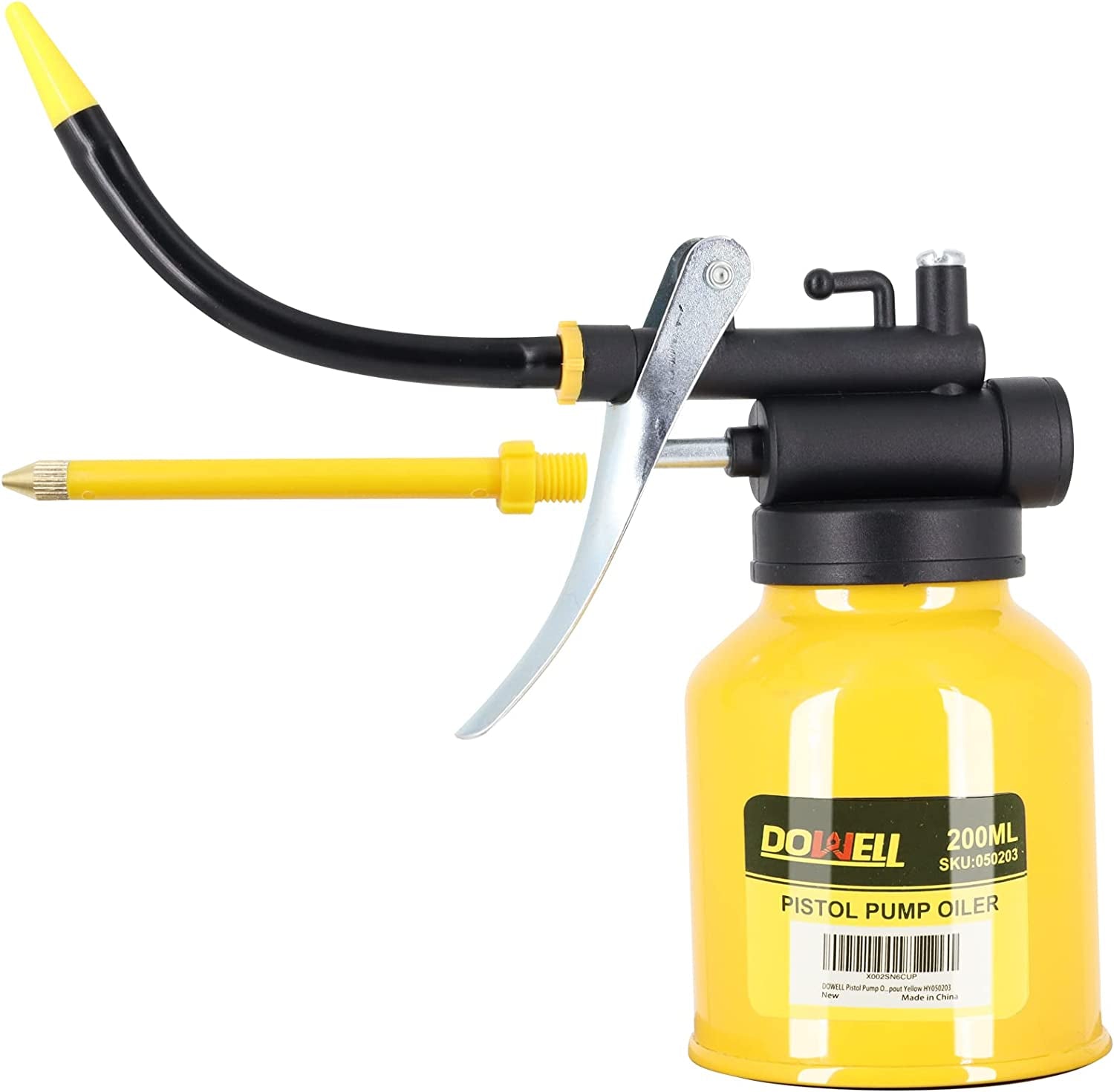 Pistol Pump Oiler Metal Oil Can Lubrication Oil Gun 6.8Oz 200Ml Can Bottle with Straight Flexible Spout Yellow HY050203