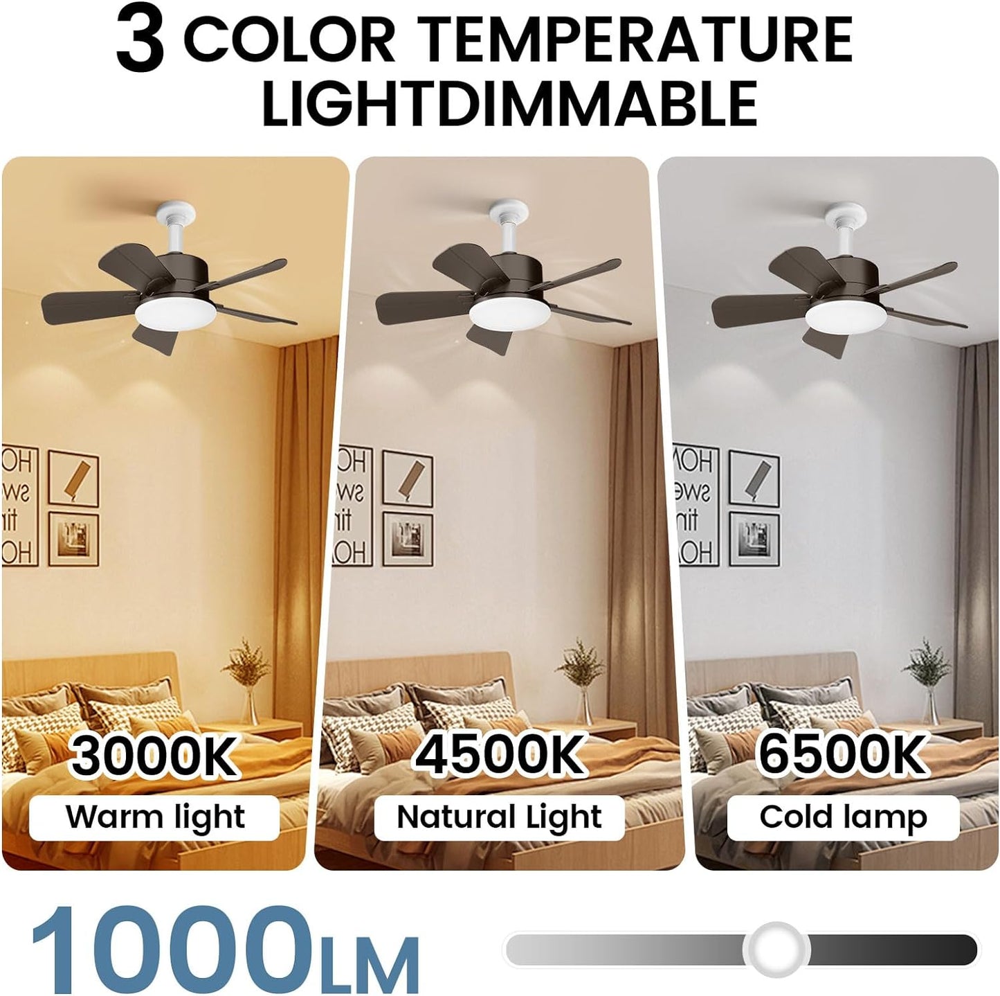 Socket Fan Light - Ceiling Fans with Lights and Remote, 17In Small Ceiling Fan with 6-Speeds, Definite Time, Dimmable LED, E26/E27 Base, for Bedroom, Kitchen,Room,Garage (5 Leaves Brown)