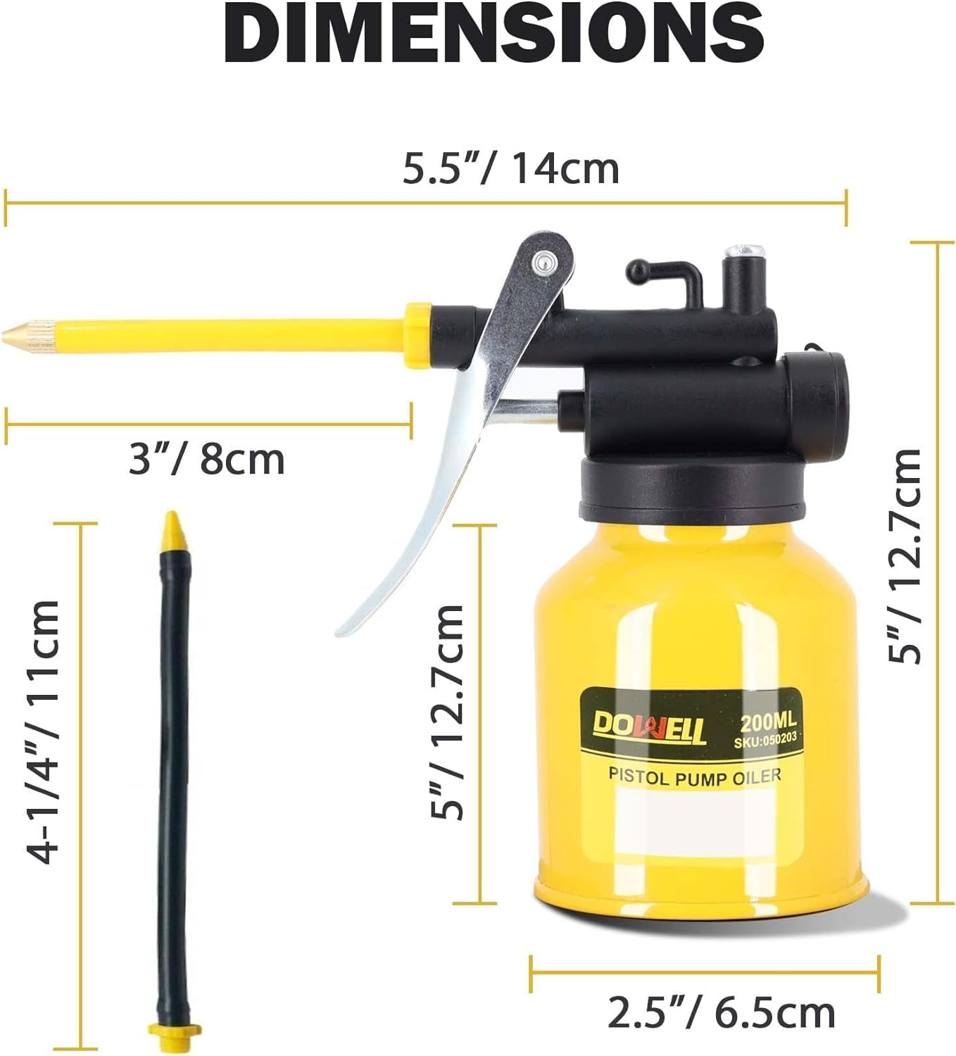 Pistol Pump Oiler Metal Oil Can Lubrication Oil Gun 6.8Oz 200Ml Can Bottle with Straight Flexible Spout Yellow HY050203