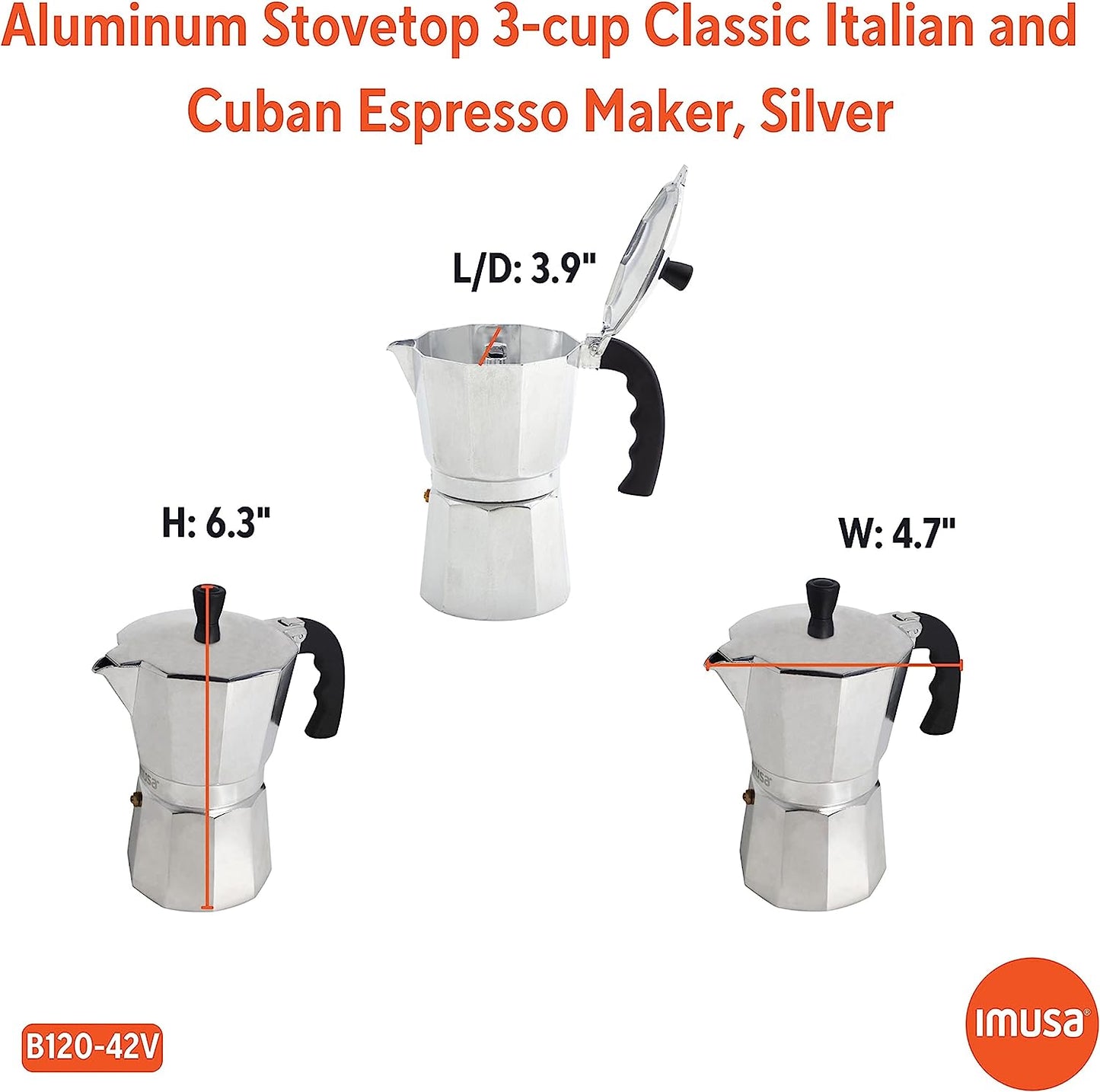 USA B120-42V Aluminum Espresso Stovetop Coffeemaker 3-Cup, Silver (Pack of 1)