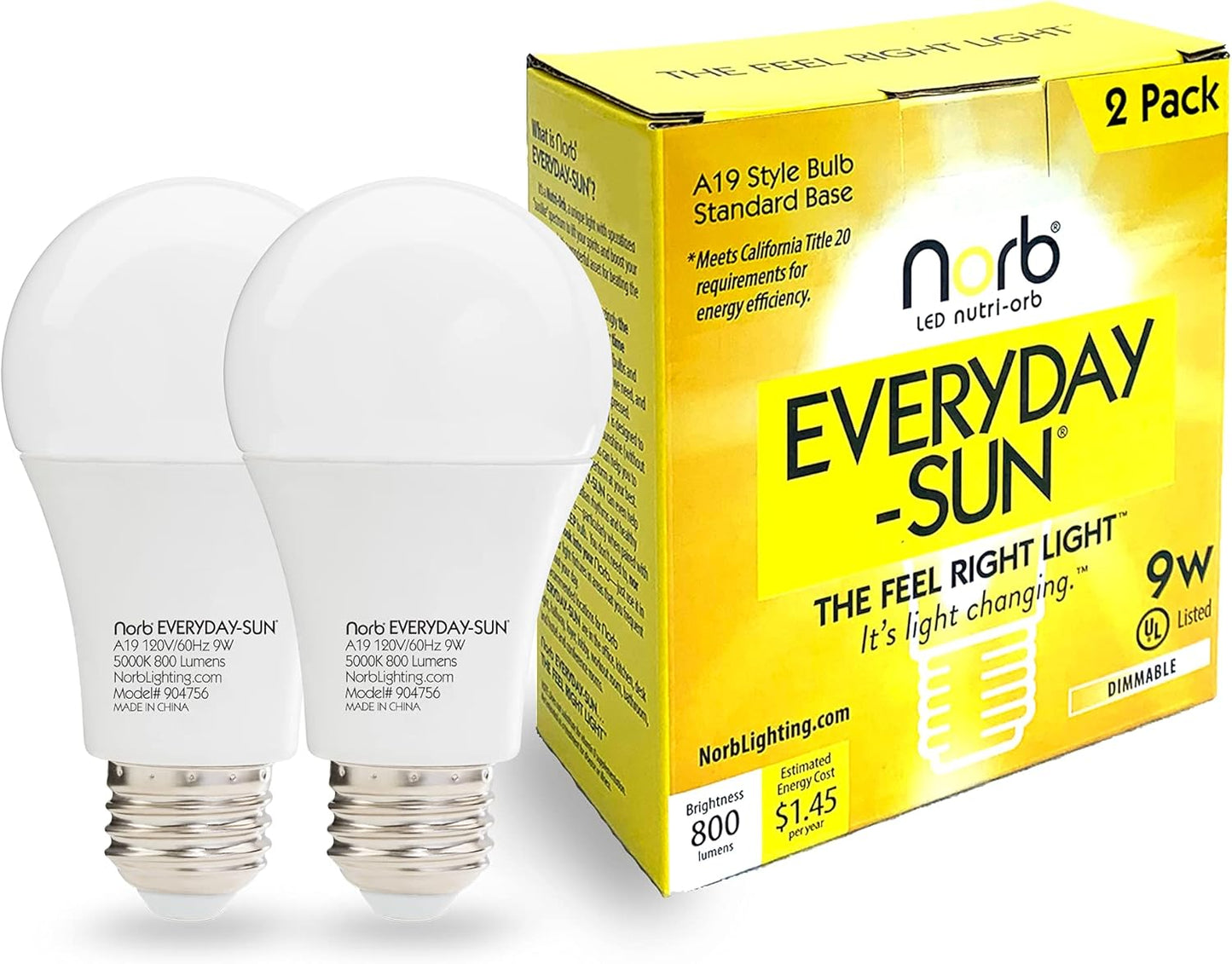 EVERYDAY SUN Light Bulb - Full Spectrum Wellness Lighting with Sun-Mimicking Technology for Energy, Mood & Performance. Supports Sleep/Wake Cycles, 5000K, 9W, 2-Pack, US Based, Budget-Priced