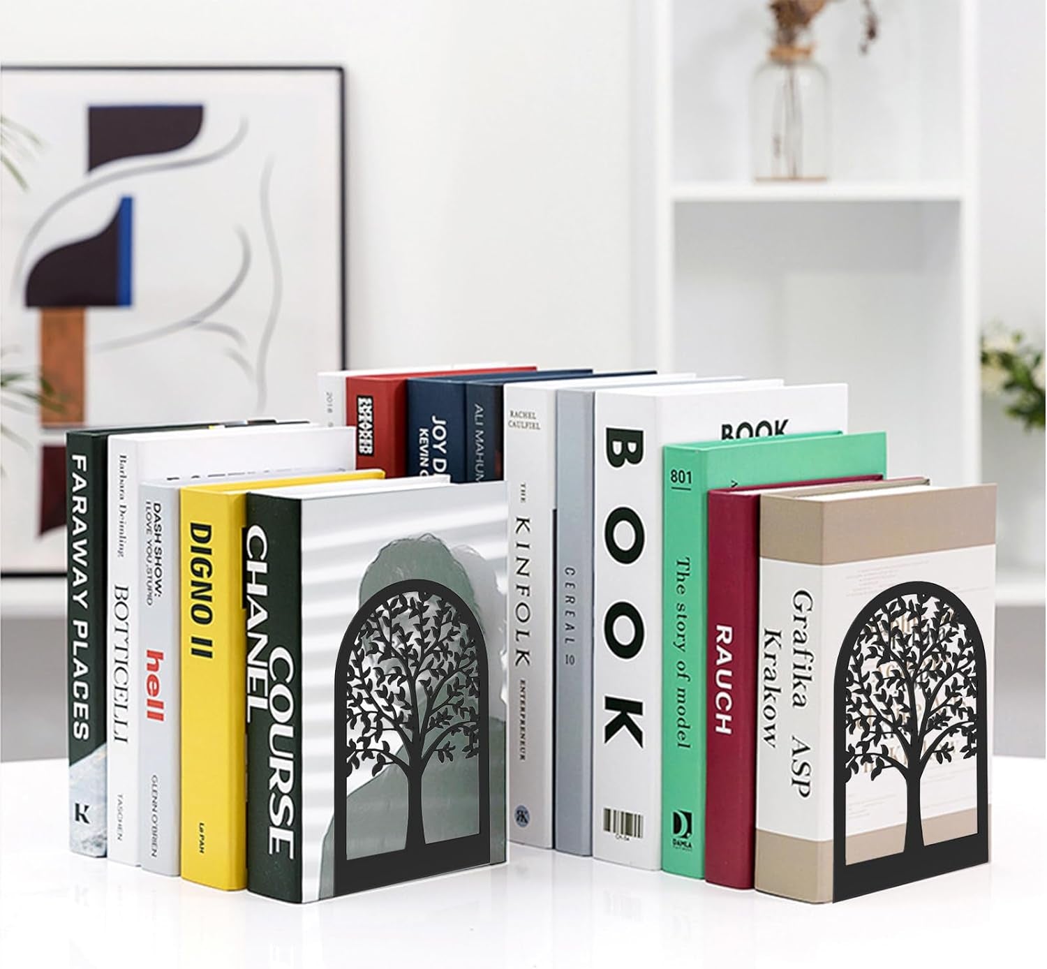 Book Ends, Bookends, Tree Book Ends for Shelves, Modern Book Ends Decorative, Metal Bookends for Heavy Books, Heavy Duty Bookend Book Holder for Home Office, 7.1 X 4.7 X 3.5”(2 Pairs/4 Pcs, Large)