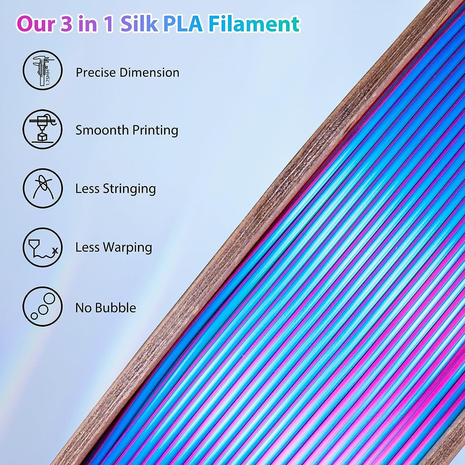 Silk PLA 3D Printer Filament Triple Color Silk PLA Filament 1.75Mm 3D Printing Filament Fit Most FDM Printers, 250G Spool(0.55Lbs), 3 in 1 Color Rose Red Sky Blue Green