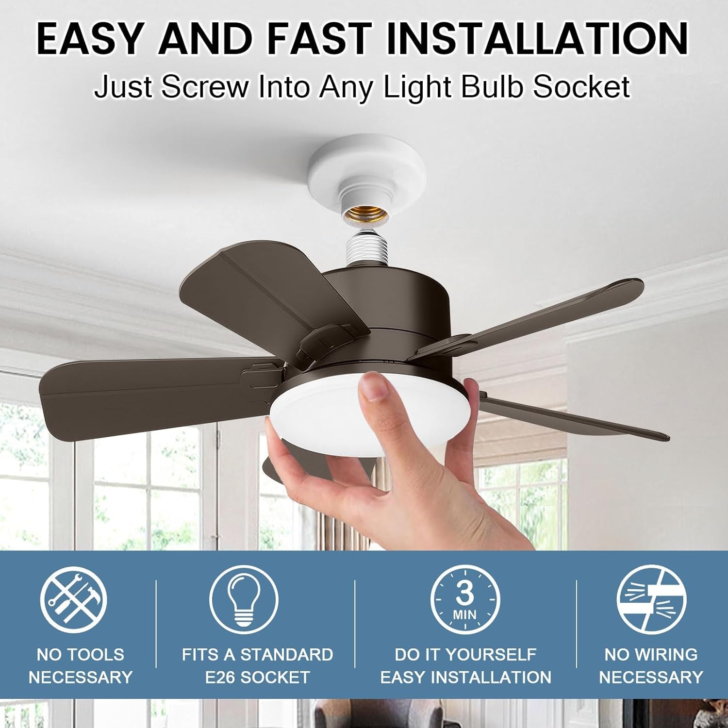 Socket Fan Light - Ceiling Fans with Lights and Remote, 17In Small Ceiling Fan with 6-Speeds, Definite Time, Dimmable LED, E26/E27 Base, for Bedroom, Kitchen,Room,Garage (5 Leaves Brown)