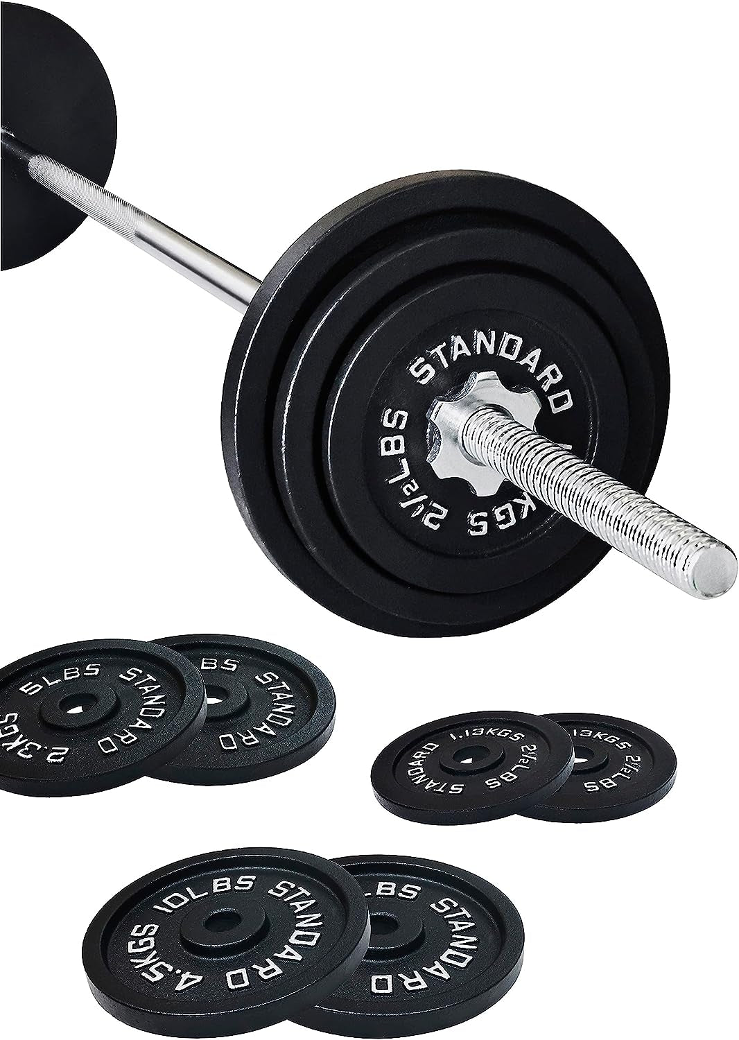 Cast Iron Standard Weight Plates Including 5FT Standard Barbell with Star Locks, 45-Pound Set (35 Pounds Plates + 10 Pounds Barbell), Multiple Styles