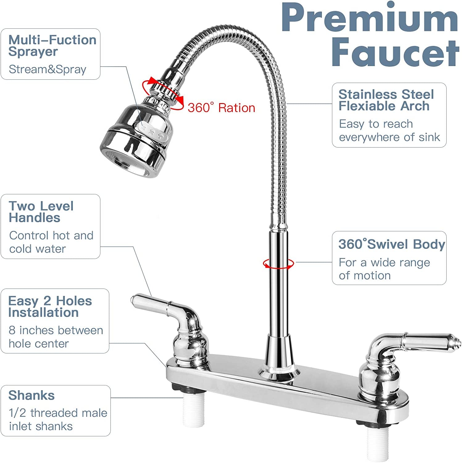 RV Kitchen Faucet, RV Sink Faucets for Kitchen with Flexible Arc 360 Degree Rotatable Sprayer, RV Kitchen Sink Faucet Replacement for Campers, Rvs Motorhomes, Travel Trailers (8 Inches Apart)