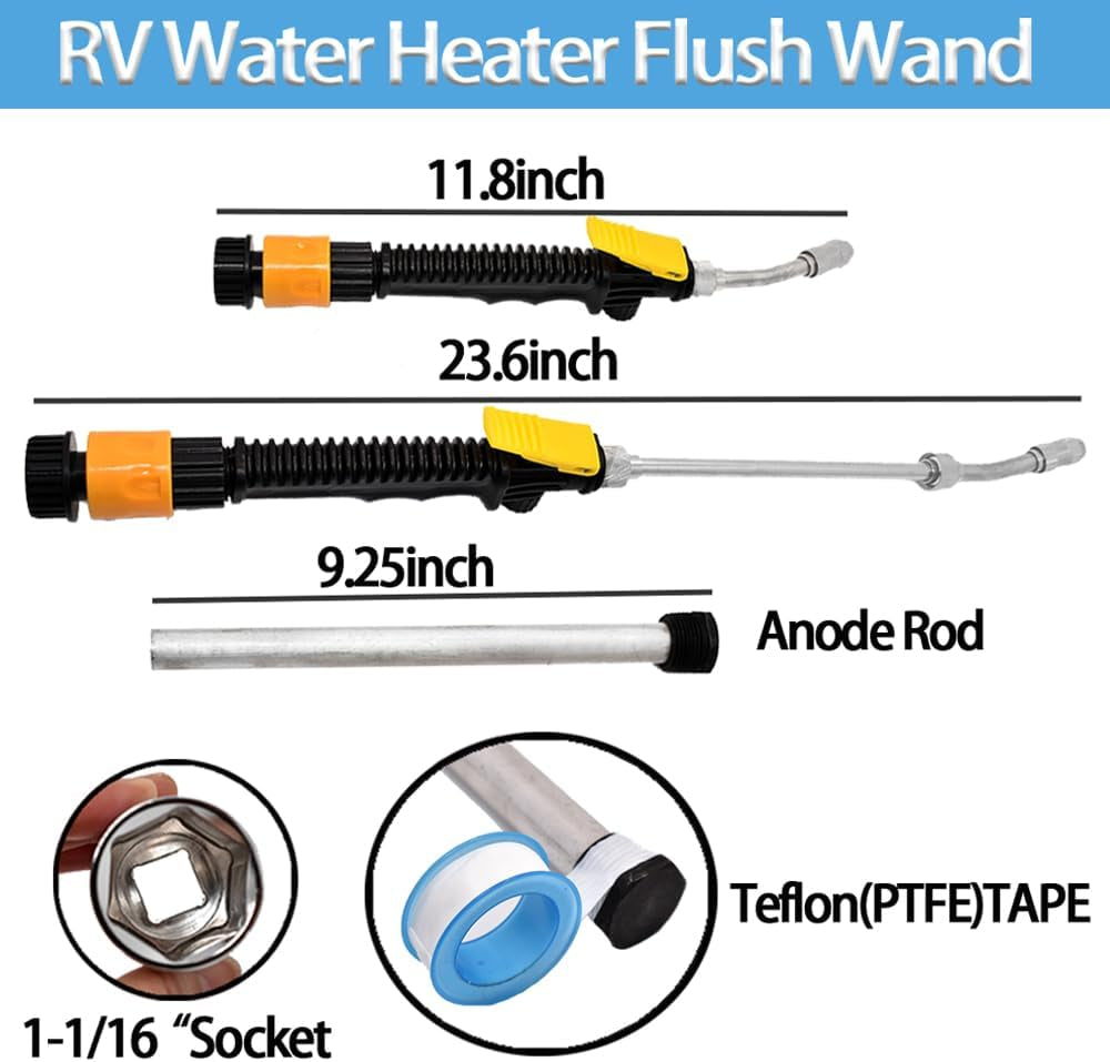 4 Pack RV Water Heater Anode Rod & RV Water Heater Flush Wand with Hex Wrench Socket Removal Tool, 9.25" L X 3/4" Aluminum RV Hot Water Heater Anode Rod for Suburban,Extends RV Tank Life