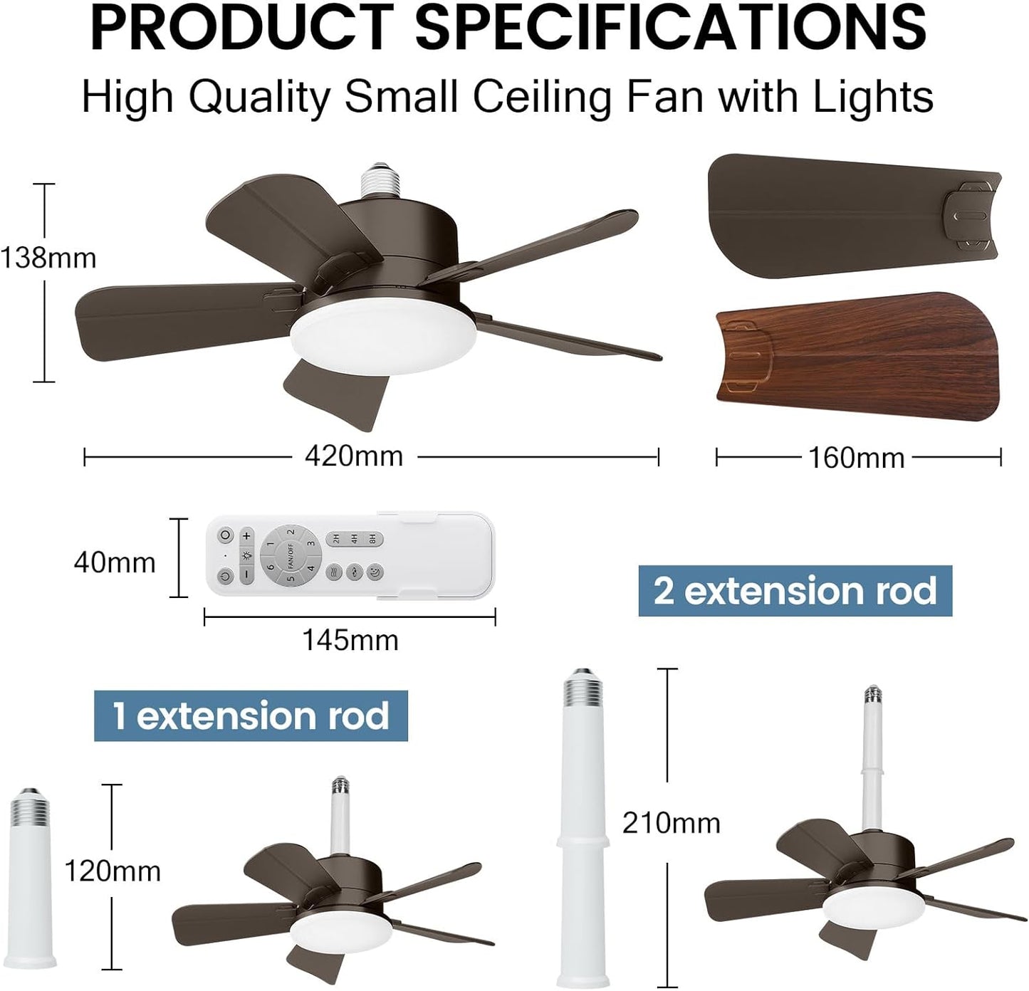 Socket Fan Light - Ceiling Fans with Lights and Remote, 17In Small Ceiling Fan with 6-Speeds, Definite Time, Dimmable LED, E26/E27 Base, for Bedroom, Kitchen,Room,Garage (5 Leaves Brown)