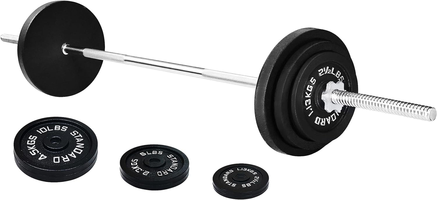 Cast Iron Standard Weight Plates Including 5FT Standard Barbell with Star Locks, 45-Pound Set (35 Pounds Plates + 10 Pounds Barbell), Multiple Styles