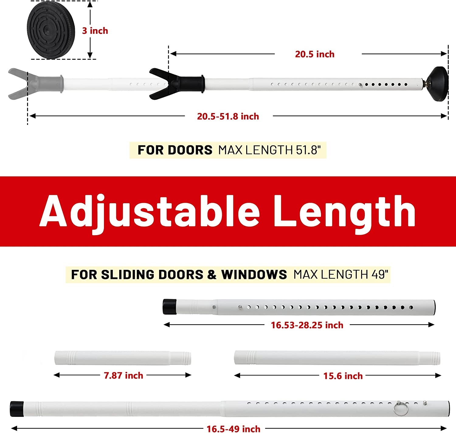 Door Security Bar - Heavy Duty Door Jammer Security Bar - Adjustable Sliding Door Security Bar - Door Stoppers Security Bar for Patio, Window, Front Door Apartment, Home, Hotel Room