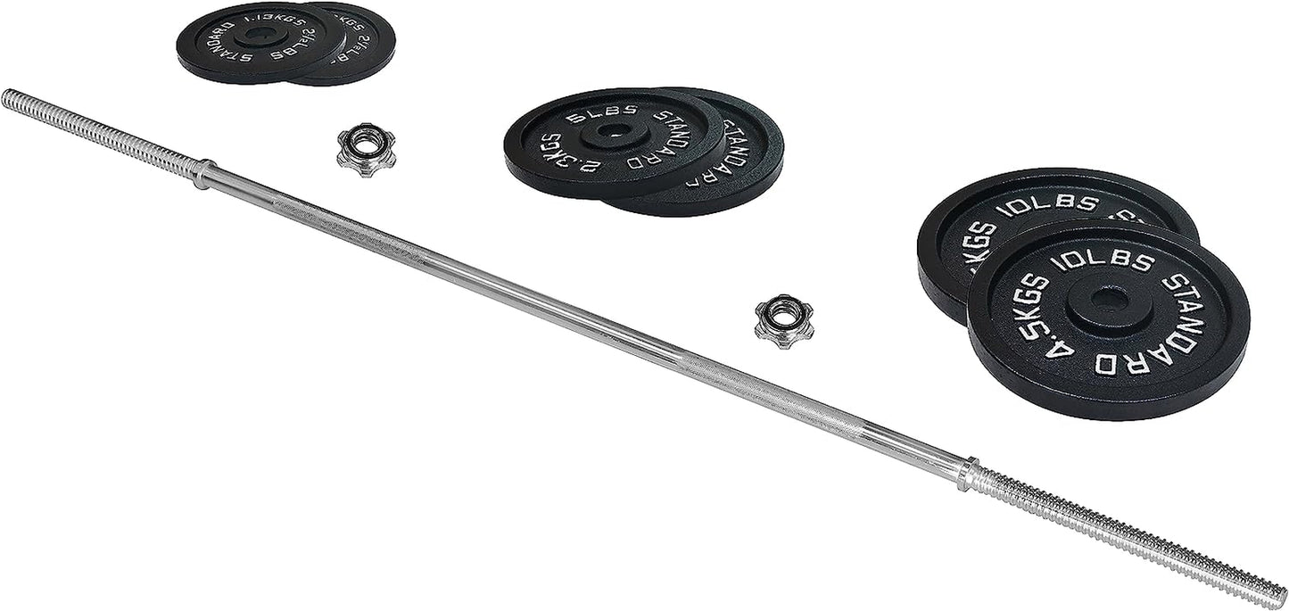 Cast Iron Standard Weight Plates Including 5FT Standard Barbell with Star Locks, 45-Pound Set (35 Pounds Plates + 10 Pounds Barbell), Multiple Styles