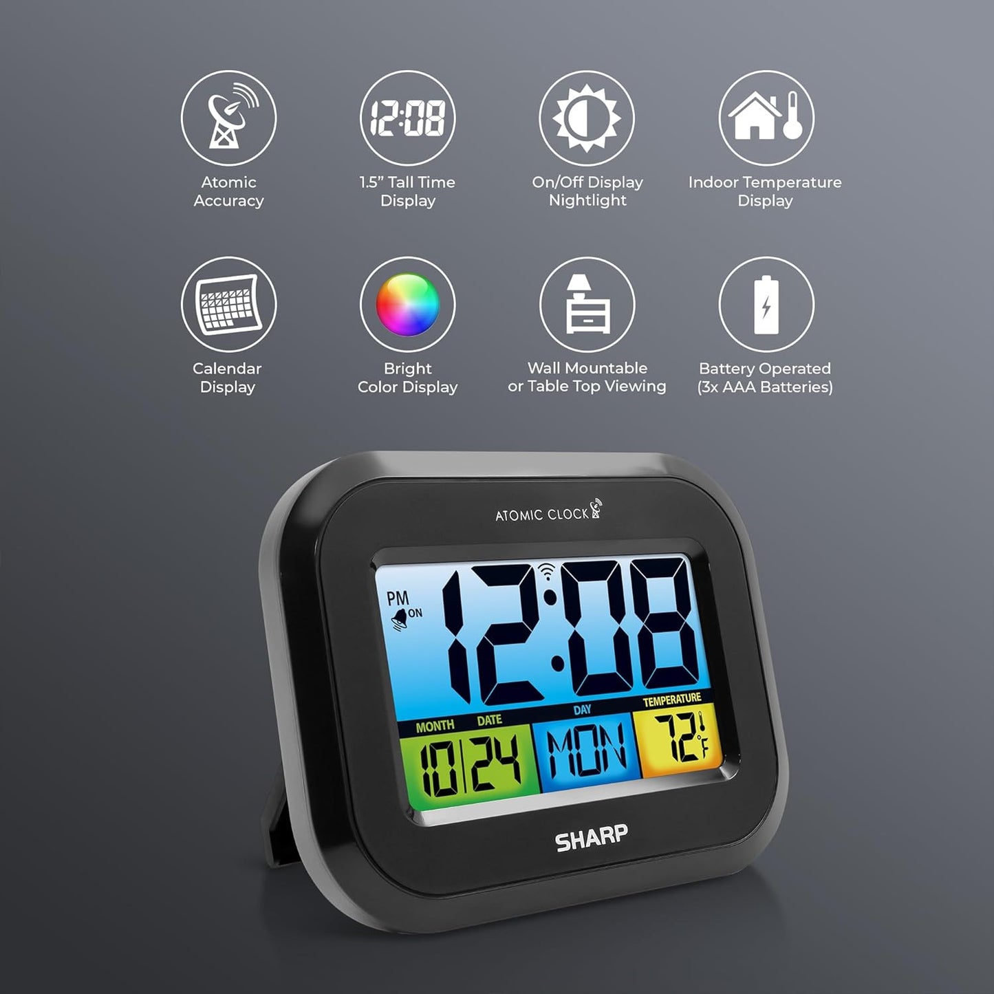 Atomic Digital Alarm Clock, Battery Operated Self-Setting Digital Wall or Desk Clock, Easy to Read Color Display Nightlight with Indoor Temperature and Calendar