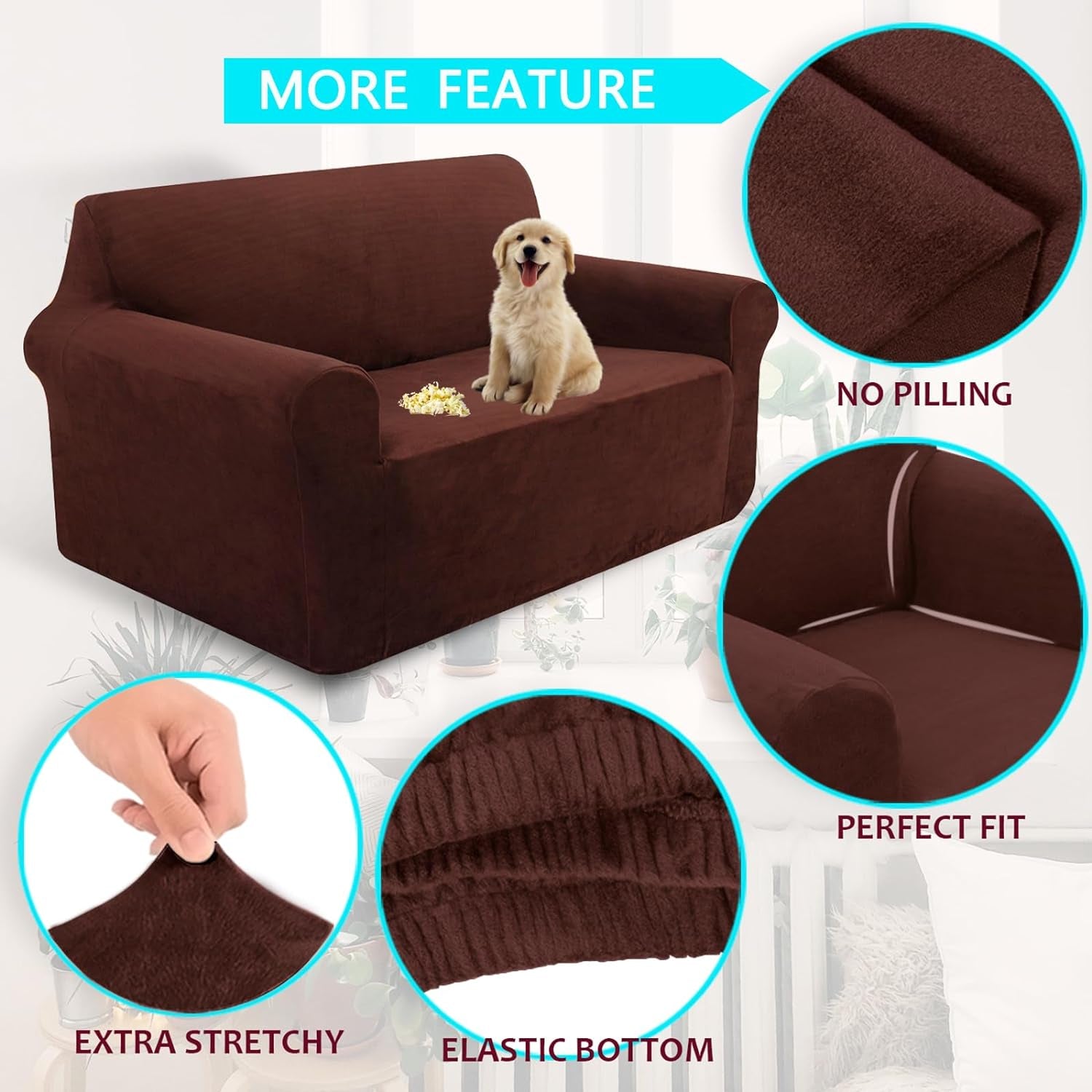 Velvet Sofa Covers Stretch Couch Covers for 3 Cushion Couch Furniture Protector Sofa Slipcover (Large, Chocolate)