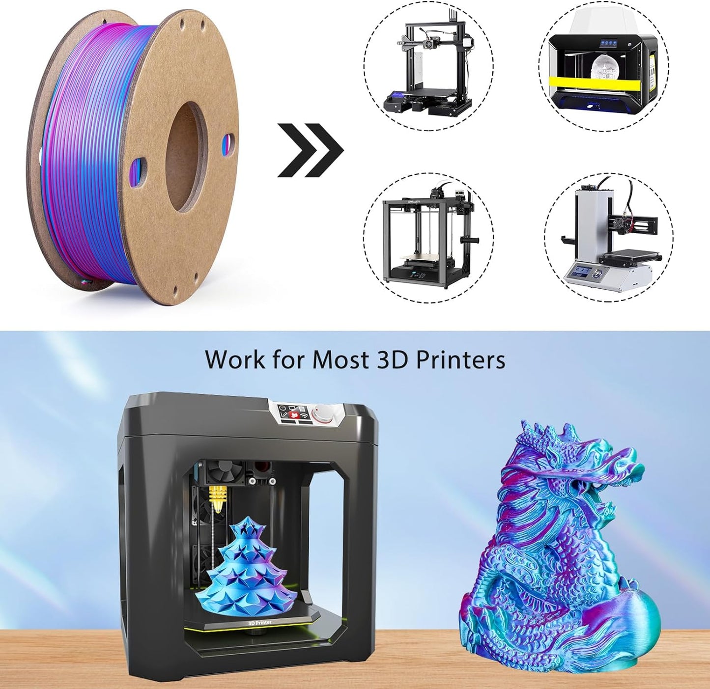 Silk PLA 3D Printer Filament Triple Color Silk PLA Filament 1.75Mm 3D Printing Filament Fit Most FDM Printers, 250G Spool(0.55Lbs), 3 in 1 Color Rose Red Sky Blue Green