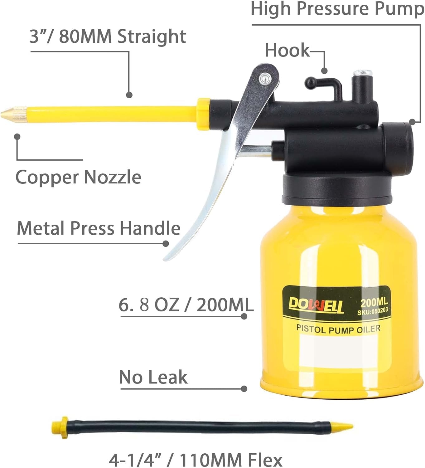 Pistol Pump Oiler Metal Oil Can Lubrication Oil Gun 6.8Oz 200Ml Can Bottle with Straight Flexible Spout Yellow HY050203