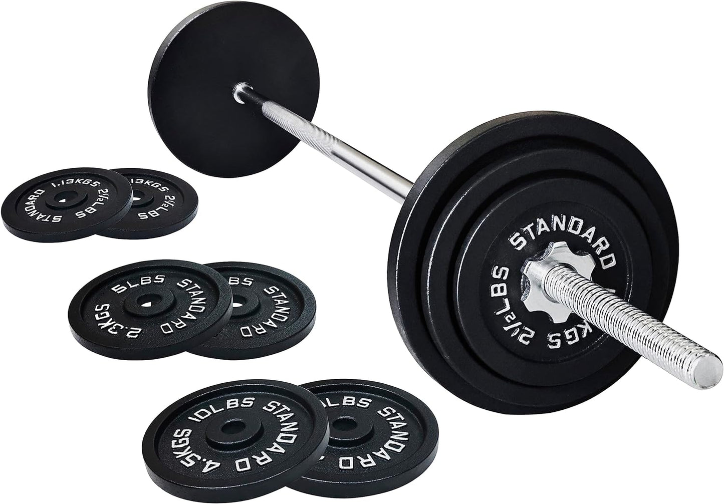 Cast Iron Standard Weight Plates Including 5FT Standard Barbell with Star Locks, 45-Pound Set (35 Pounds Plates + 10 Pounds Barbell), Multiple Styles