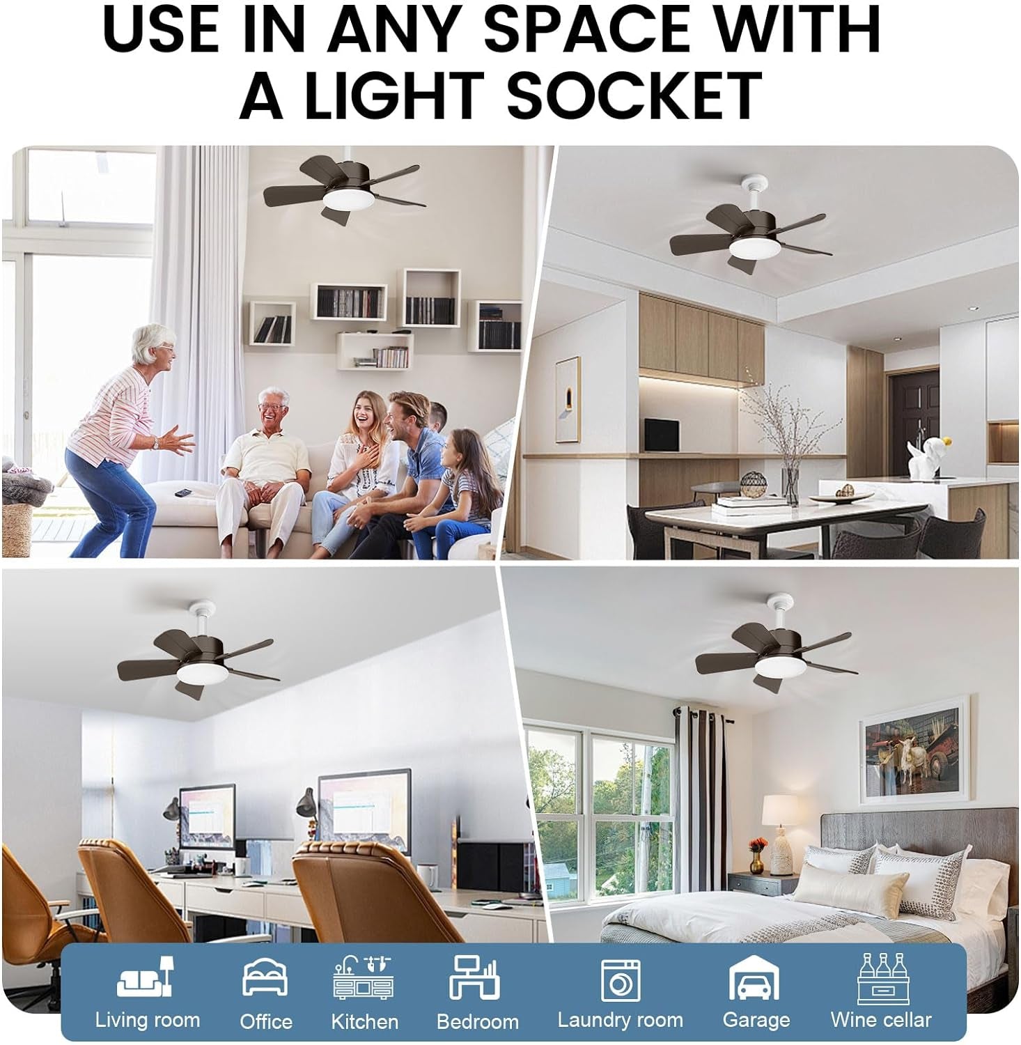 Socket Fan Light - Ceiling Fans with Lights and Remote, 17In Small Ceiling Fan with 6-Speeds, Definite Time, Dimmable LED, E26/E27 Base, for Bedroom, Kitchen,Room,Garage (5 Leaves Brown)