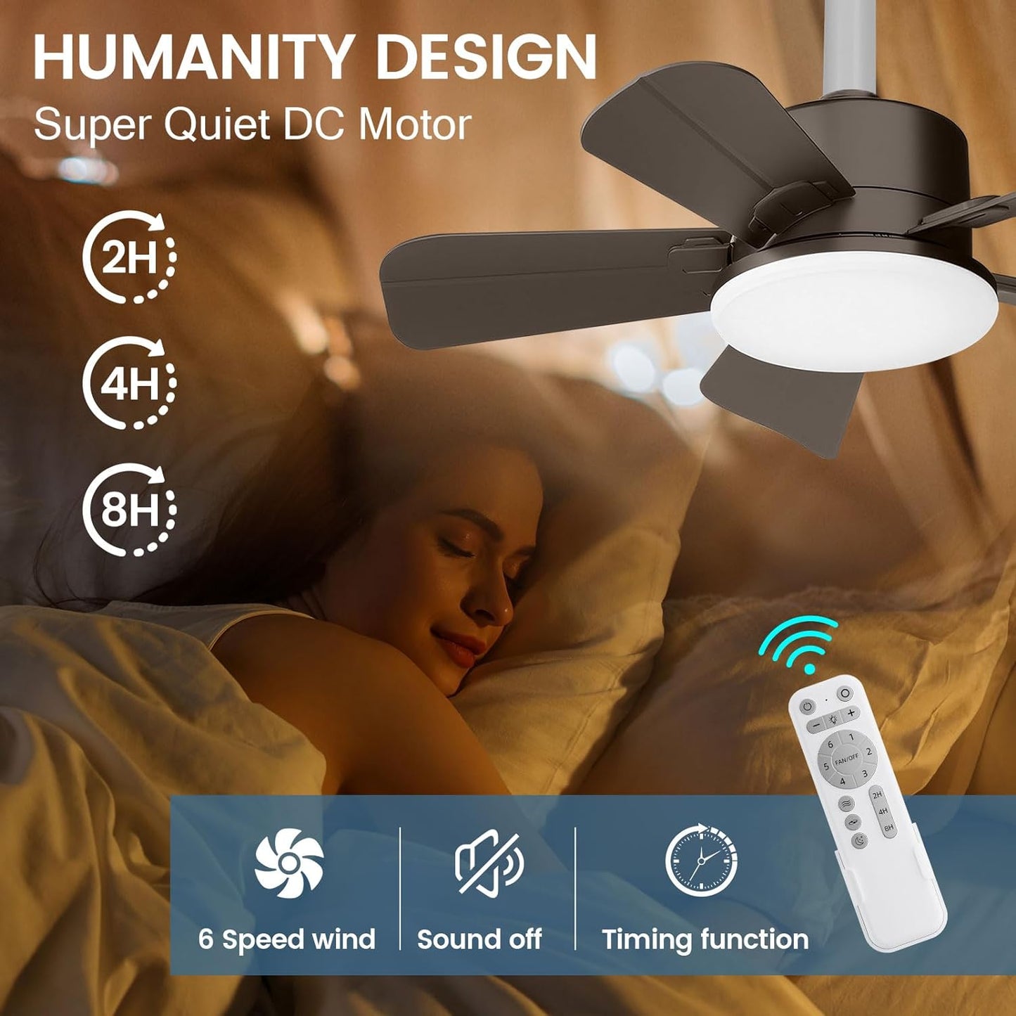 Socket Fan Light - Ceiling Fans with Lights and Remote, 17In Small Ceiling Fan with 6-Speeds, Definite Time, Dimmable LED, E26/E27 Base, for Bedroom, Kitchen,Room,Garage (5 Leaves Brown)