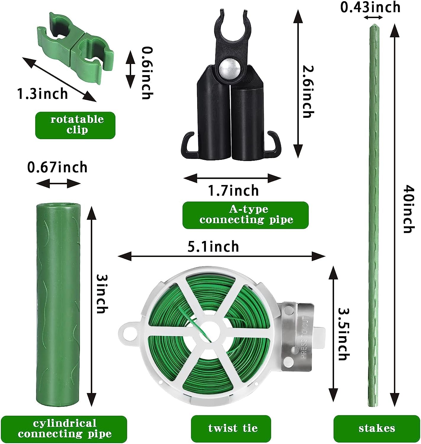 Garden Stakes 60 Pack, 16 Inch Each, DIY 3Ft 4Ft 5Ft 6Ft 7Ft Sturdy Steel Plant Stakes with 50 Connectors, 30 Rotatable Clips, 10 A-Type Connecting Pipe and 164 Feet Twist Tie for Climbing Plants