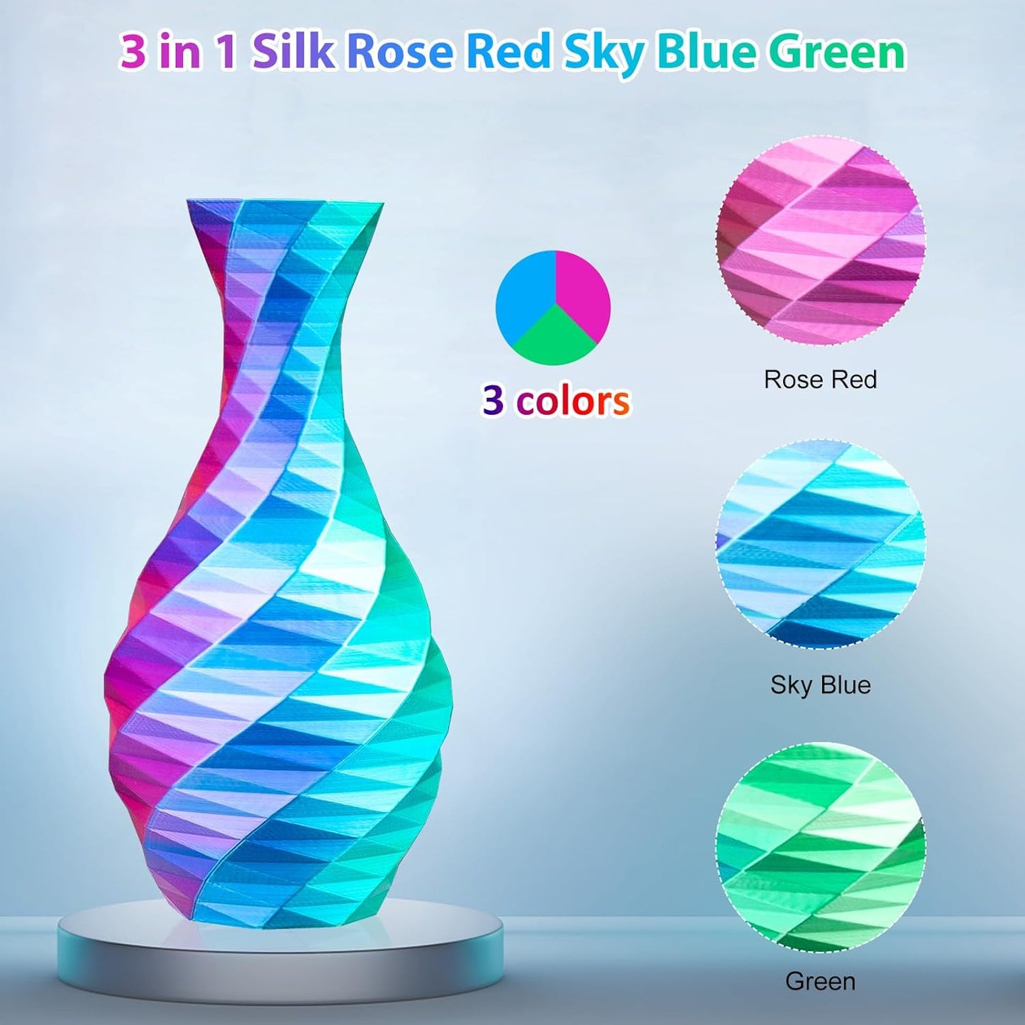 Silk PLA 3D Printer Filament Triple Color Silk PLA Filament 1.75Mm 3D Printing Filament Fit Most FDM Printers, 250G Spool(0.55Lbs), 3 in 1 Color Rose Red Sky Blue Green