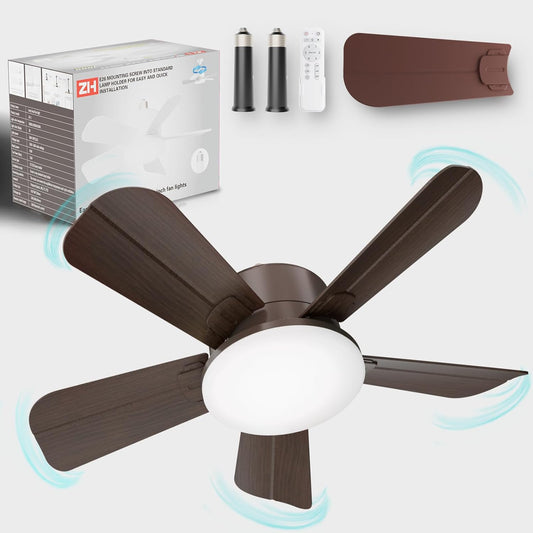 Socket Fan Light - Ceiling Fans with Lights and Remote, 17In Small Ceiling Fan with 6-Speeds, Definite Time, Dimmable LED, E26/E27 Base, for Bedroom, Kitchen,Room,Garage (5 Leaves Brown)