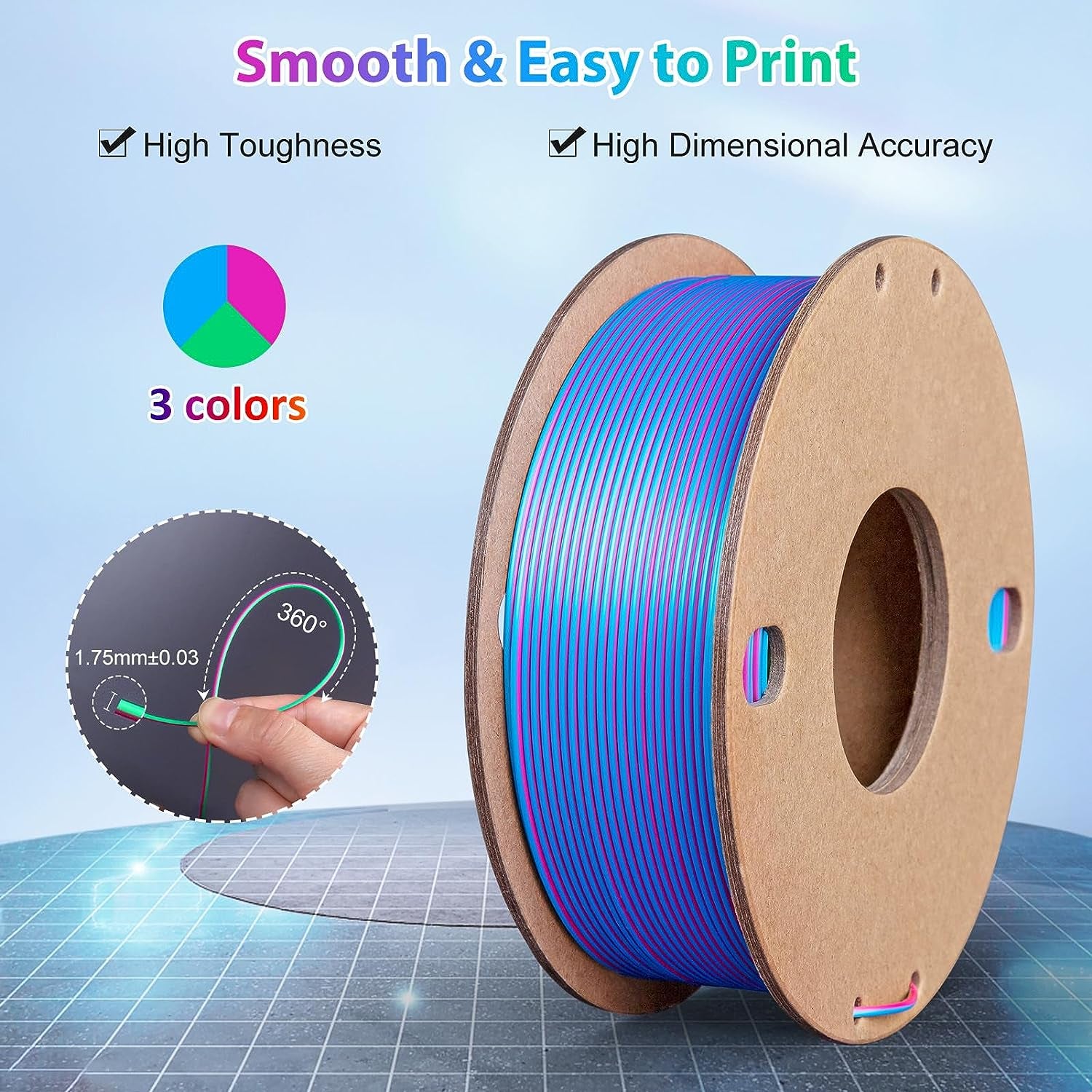 Silk PLA 3D Printer Filament Triple Color Silk PLA Filament 1.75Mm 3D Printing Filament Fit Most FDM Printers, 250G Spool(0.55Lbs), 3 in 1 Color Rose Red Sky Blue Green